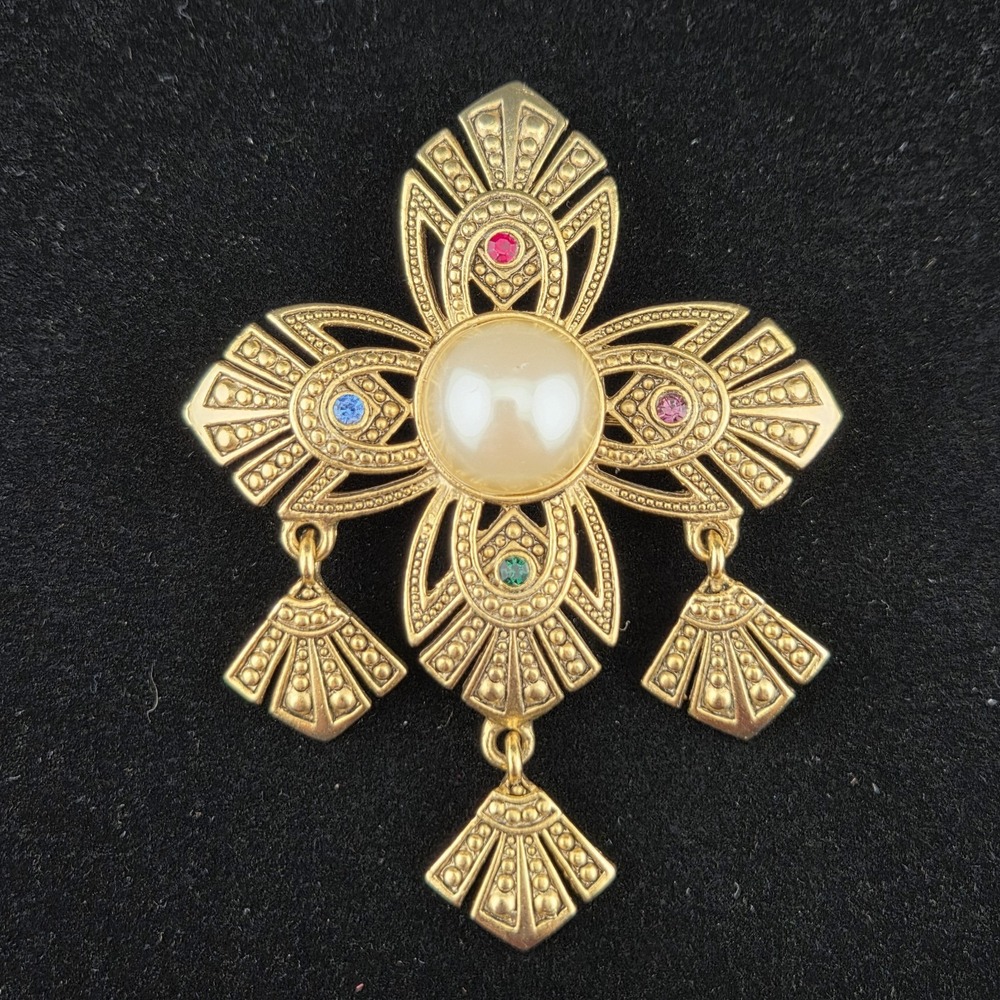 Cross Brooch Pin Dangles Gold Tone Rhinestones Faux Pearl Heraldry Badge